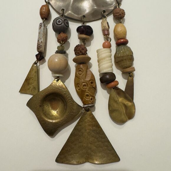Boho Tribal Statement Necklace Wood Beads Brass Metal Dangles Mixed Media Artsy - Picture 5 of 9